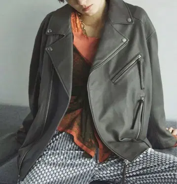 Juemi 라이더 자켓 천연 가죽 양 그레이 빅 실루엣