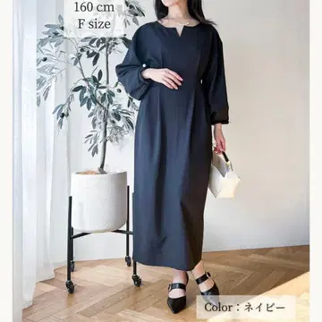 네이비 벌룬 슬리브 롱 원피스 F 사이즈