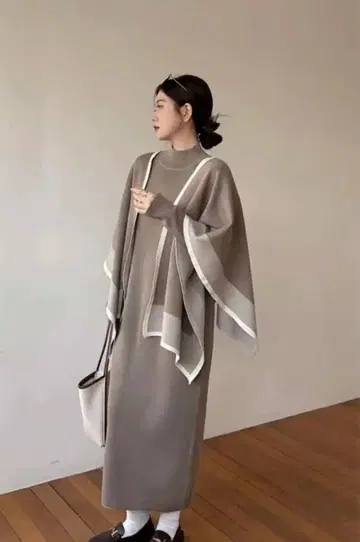 셋업 여성용 가을 니트 원피스 판초 니트 스톨
