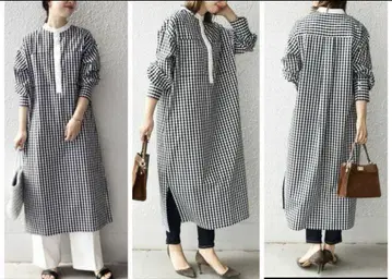 새상품급 쉽스 브로드 밴드 카라 셔츠 원피스 깅엄 체크