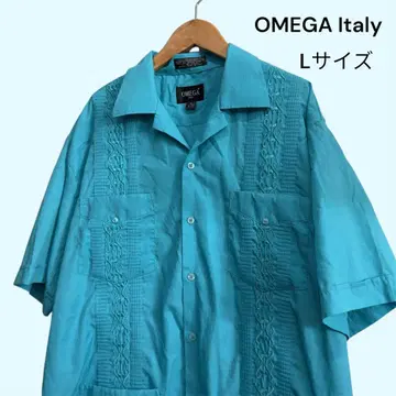 OMEGA ITALY L 사이즈 구아야베라 쿠바 셔츠 터콰이즈 블루