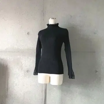 택 포함 새상품 레이스 콤비 하이넥 리브 니트 블랙