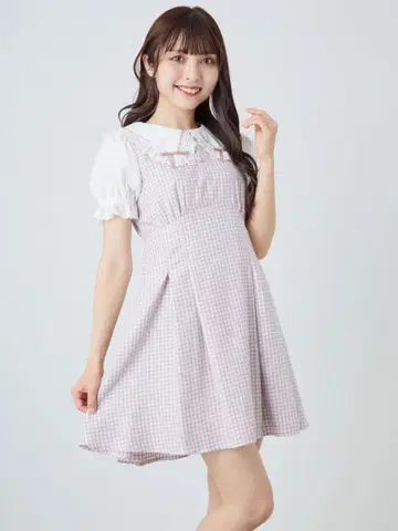 앙크루즈 사다리 리본 체크 원피스
