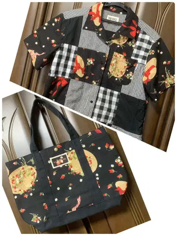 핑크하우스 밀짚모자 깅엄 패치워크 블라우스 & 토트백