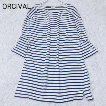 오르치발 상의 화이트 네이비 보더 튜닉 캐주얼 올 패턴