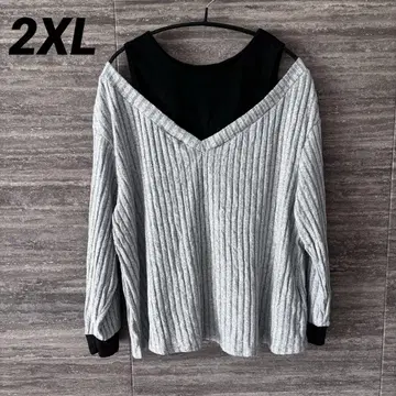 SHEIN CURVE 그레이 V넥 긴팔 오프숄더 2XL 빅 사이즈