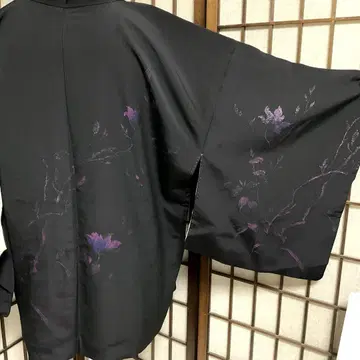 C851 순수 실크 이중 기모노 블랙 그림 겉옷 라메 컨디션 최상 기모노