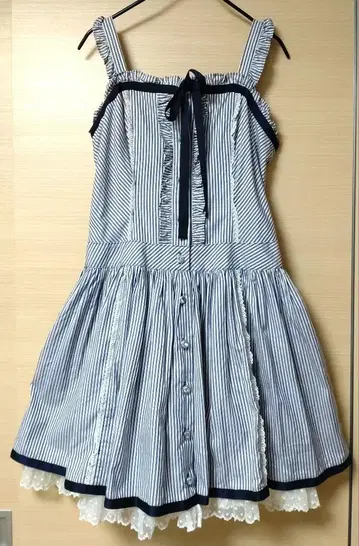 Angelic Pretty 스트라이프 오버롤 스커트 네이비