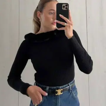 ZARA 자라 인조 모피 옷깃 블랙 니트 L 사이즈