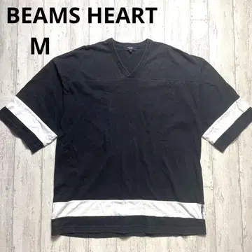 BEAMS HEART V넥T셔츠 블랙 x 화이트 M 오버 사이즈