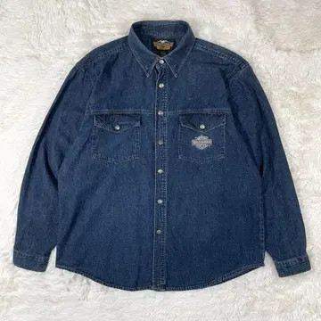 할리데이비슨 데님 셔츠 다크 네이비 와펜 XL 각인 버튼 선염