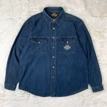 할리데이비슨 데님 셔츠 다크 네이비 와펜 XL 각인 버튼 선염