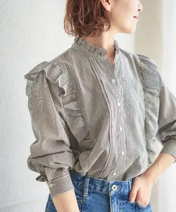 새상품급*스픽 앤 스팬 코튼 실크 핀턱 프릴 블라우스 스트라이프