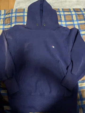 90s 가지색 Champion 네이비 후드티 페이드