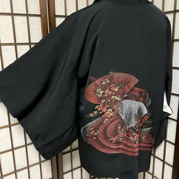 C857 순수 실크 이중 기모노 블랙 그림 겉옷 기모노