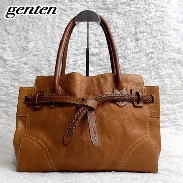 컨디션 최상 genten 토트백 아볼제 가죽 주름 공구 로고 카멜