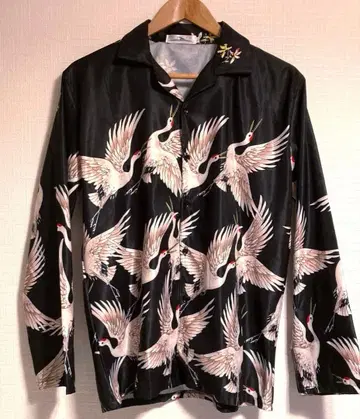 일본풍 패턴 오픈 카라 셔츠 긴팔 하와이안 셔츠 학 블랙 폴리에스테르 L