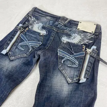 레드페퍼 깃털 날개 Y2K 자수 플레어 부츠컷 로우라이즈 다크 네이비