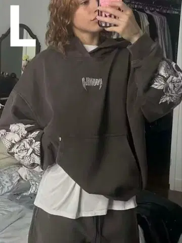 YOUNGLA 그레이 후드티 프린트 남성용 L