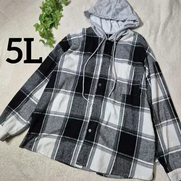 빅 사이즈 후드 부착 체크 무늬 플란넬 셔츠 화이트 블랙 모노톤 5XL