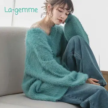 La-gemme 가디건 V넥 샤기 블루그린 미사용 새상품