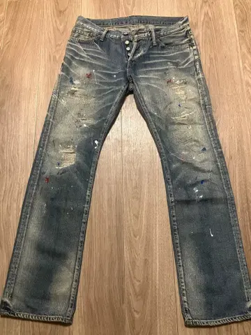 데미지 가공 다크 블루 데님 팬츠 페인트 펜키