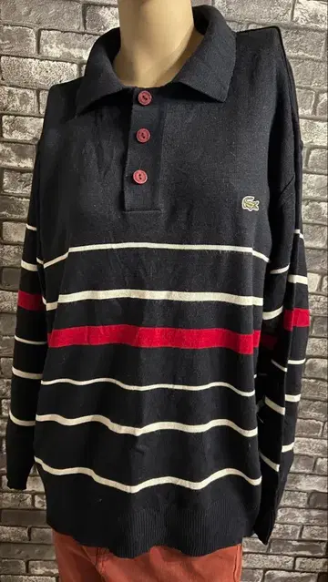 라코스테 보더 무늬 니트 스웨터 네이비