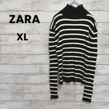 [ ZARA ] 자라 니트 하이넥 ( XL ) 보더 스웨터 목 소매 프릴