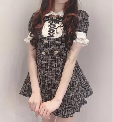 LIZLISA 더블 하트 버튼 트위드 셋업 - 블랙 - 리즈리사