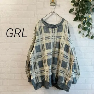 [ GRL ] 체크 무늬 루즈핏 니트 풀오버 (F) 블루 계열