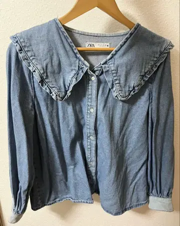 ZARA 데님 프릴 옷깃 긴팔 셔츠