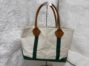 L.L.Bean 토트백 화이트/그린 가죽 핸들 USA제