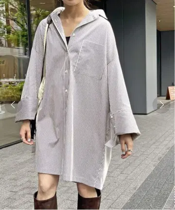 스트라이프 패턴 긴팔 셔츠 원피스