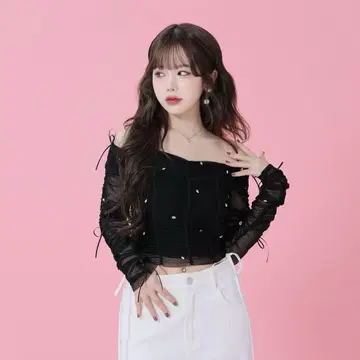 엠미엠메 사이드 리본 비쥬 오프숄더 시어 탑 블랙
