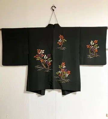 블랙 하오리 오타후쿠 난텐 무늬 순수 실크 안감 포함 끈 포함
