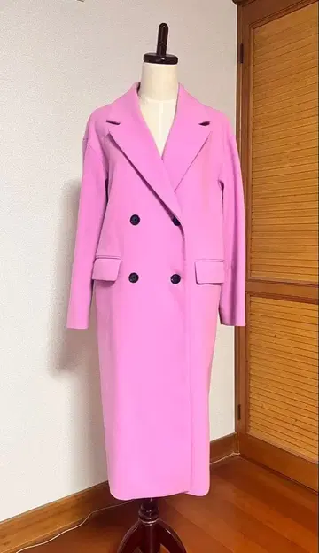 핑크 더블 브레스트 롱 코트