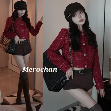 다리치 트위드 체크 숏 자켓 보르도