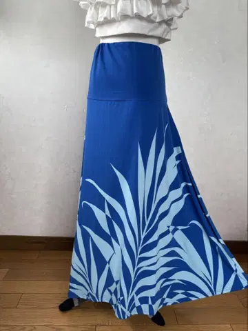 블루 잎 패턴 프린트 롱 스커트 L Ocean Blue Bird