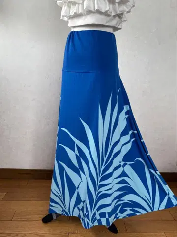 블루 잎 패턴 프린트 롱 스커트 L Ocean Blue Bird