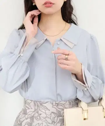 osono 배색 카라 블라우스 색스 블루 스카이블루 긴팔