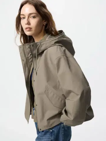 UNIQLO 유니클로 코튼 블렌드 숏 후드티 M 남녀 공용 카키 새상품급