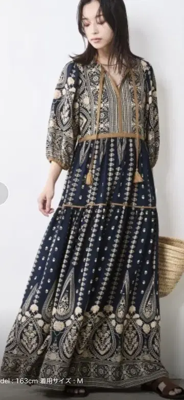 CHIC STYLE 에스닉 패널 프린트 맥시 원피스 네이비