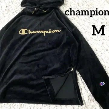 [ 새상품급 ] 챔피온 빅 로고 벨로아 후디 후드티 블랙 x 금 M