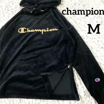 [ 새상품급 ] 챔피온 빅 로고 벨로아 후디 후드티 블랙 x 금 M