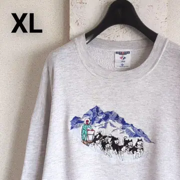 90s USA제 구제 의류 맨투맨 XL 알래스카 개썰매 자수 그레이