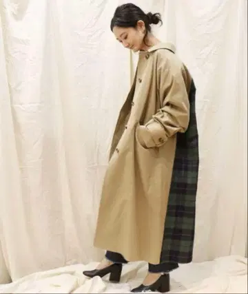 퍼블릭스 트렌치 베이지 체크 무늬 롱 코트