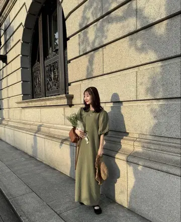 hinari 체크 무늬 퍼프 슬리브 원피스 그린 XS