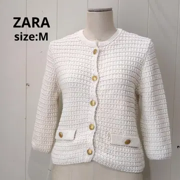 자라 ZARA 코튼 니트 자켓 칠부 소매 골드 버튼 M 아이보리