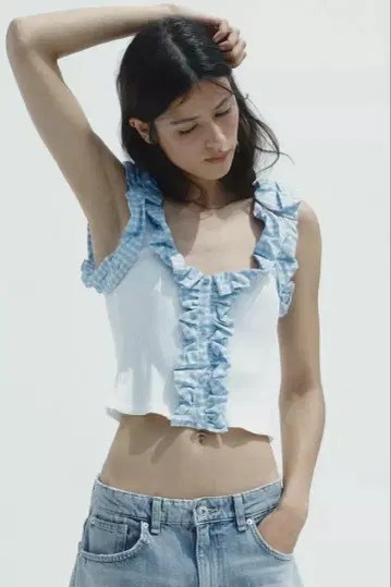 ZARA 자라 깅엄 체크 패턴 리브 상의