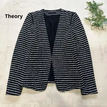 새상품급 Theory 트위드 노카라 자켓 보더 사이즈 P 화이트 블랙